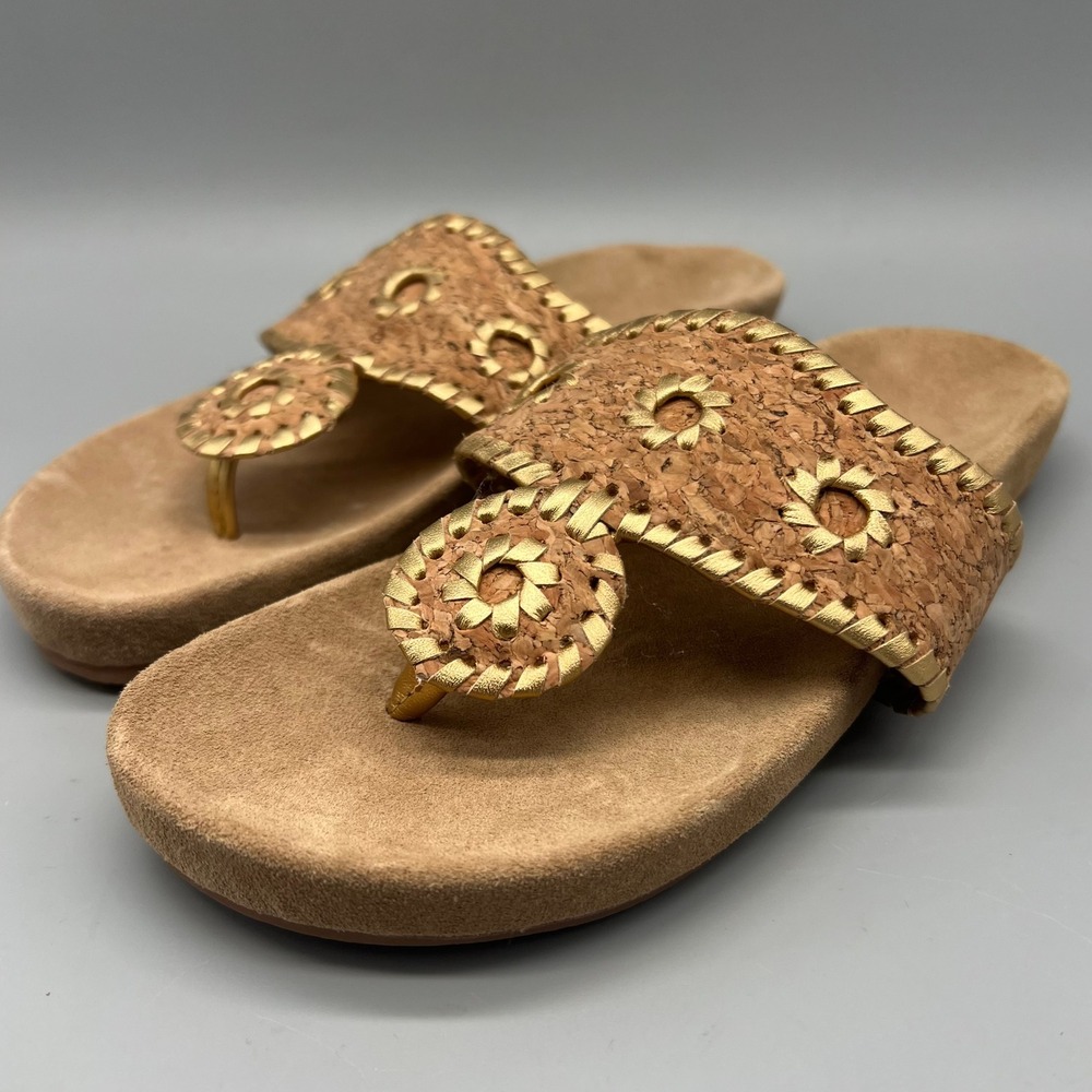 Jack Rogers Cork Gold Whipstitch Rondelle Thong Sandals Slides 5M Made in Brazil